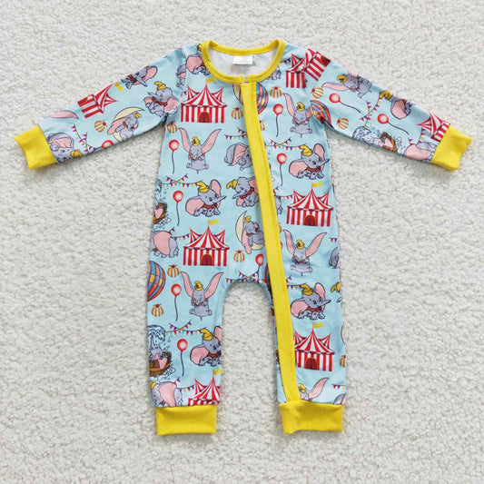 LR0346 Cartoon Hot Air Balloon Elephant Blue Yellow Zipper Long Sleeve Romper