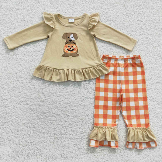 GLP0433 Girls Embroidered Puppy Pumpkin Plaid Beige Halloween Long Sleeve Pant Set