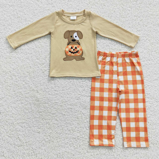 BLP0170 Boys Embroidered Puppy Pumpkin Plaid Beige Halloween Long Sleeve Pant Set