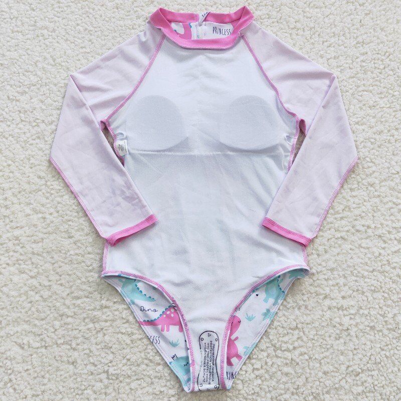 S0076 Colorful Dinosaur Pink Long Sleeve One-Piece Swimsuit