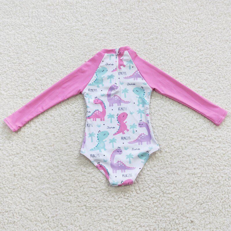 S0076 Colorful Dinosaur Pink Long Sleeve One-Piece Swimsuit