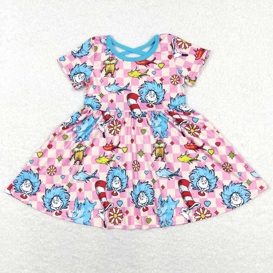 GSD0503 dr seuss cartoon elephant pink plaid short sleeve dress