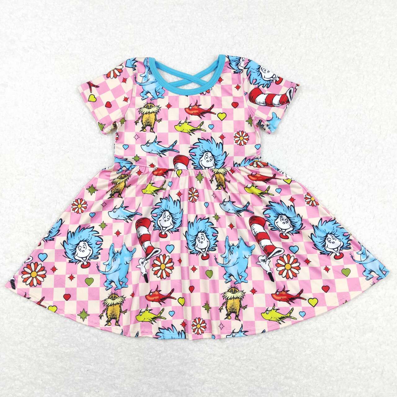 GSD0503 dr seuss cartoon elephant pink plaid short sleeve dress