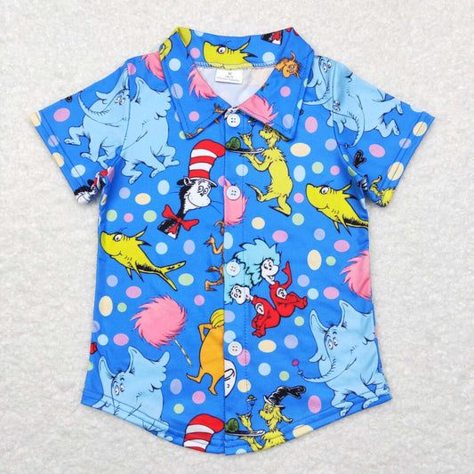 BT0421 dr seuss cartoon colorful polka dot blue button short sleeve top