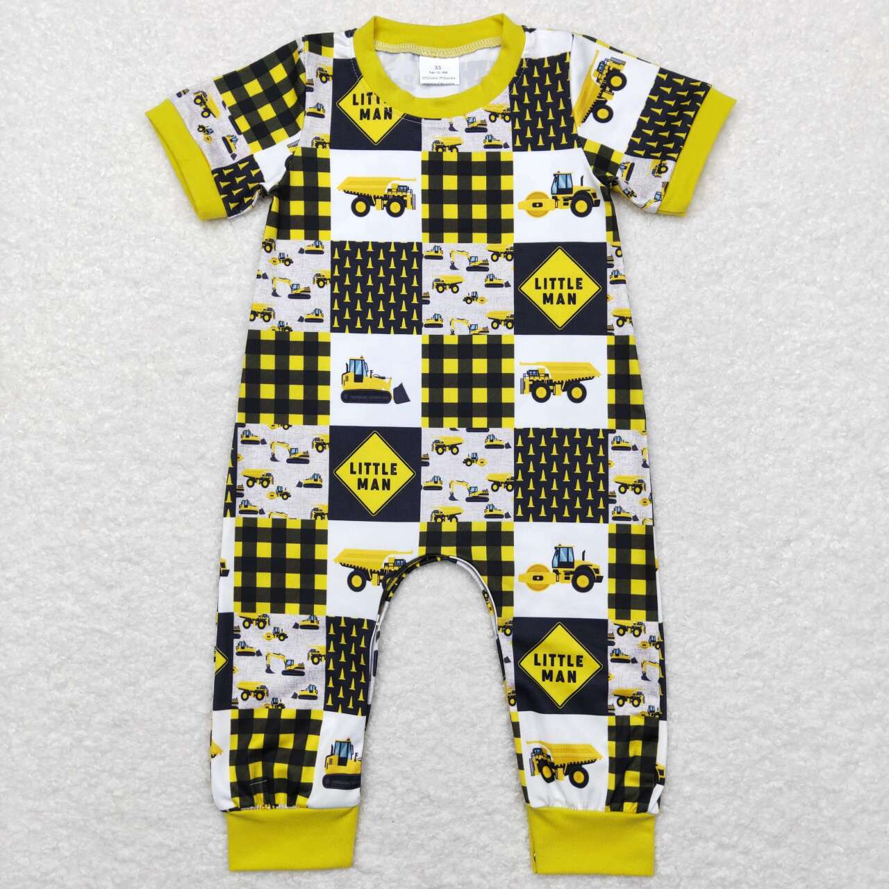 SR0609 little man engineering car yellow and black plaid short-sleeved jumpsuit