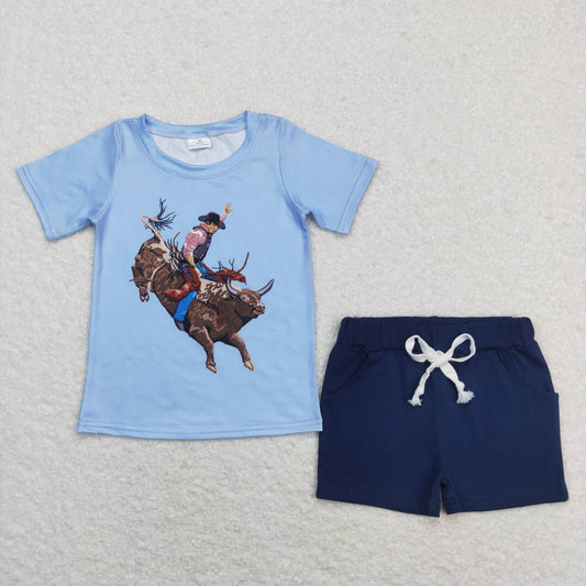 BT0435 Bull riding blue short sleeve +SS0136 navy blue pocket shorts suit