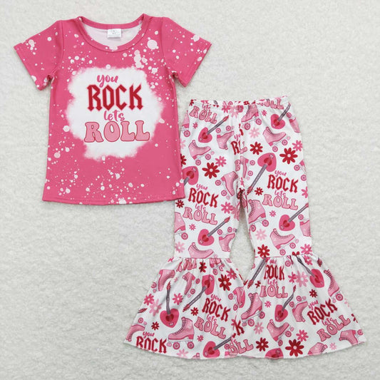 GSPO1146 rock roll guitar roller skates pink and white short-sleeved trousers suit