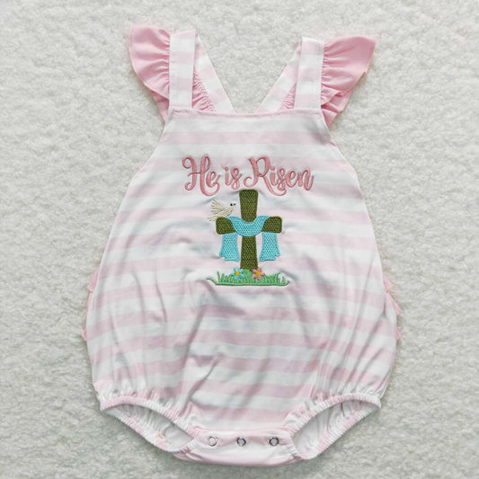 SR0564 he is risen embroidered cross pink and white striped lace vest jumpsuit