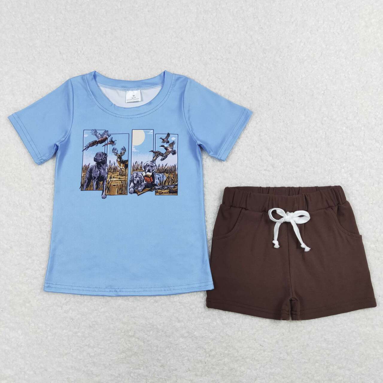 BT0509 Puppy Duck Elk Blue Short Sleeve +SS0134 Brown Pocket Shorts Set