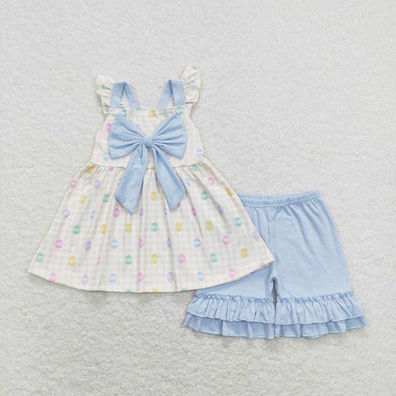 RTS NO MOQ（In Stock) Easter egg blue bow yellow and white plaid short-sleeved shorts suit