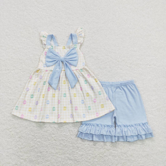 RTS NO MOQ（In Stock) Easter egg blue bow yellow and white plaid short-sleeved shorts suit