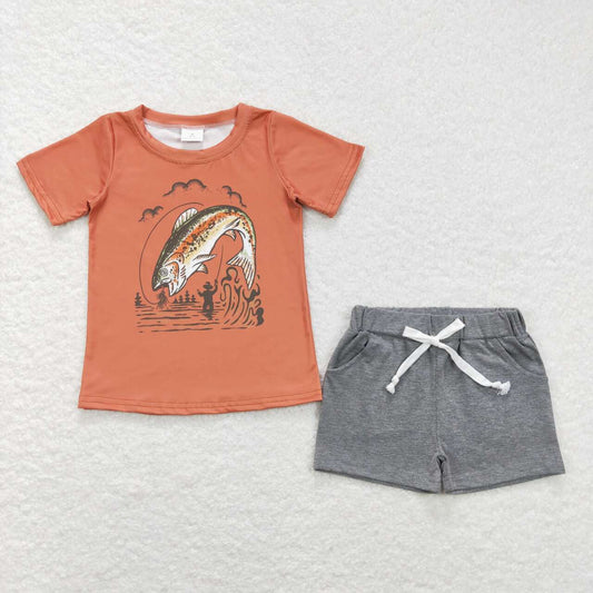 BT0507 Fishing Orange Short Sleeve +SS0133 Light Gray Pocket Shorts Set