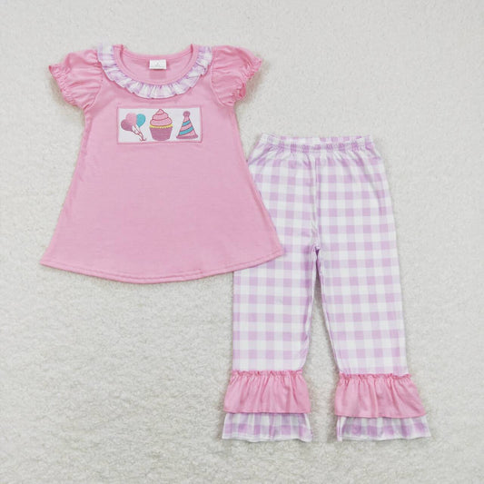 GSPO0960 Embroidery Balloon Cake Birthday Hat Pink Short Sleeve Purple and White Plaid Pants Suit