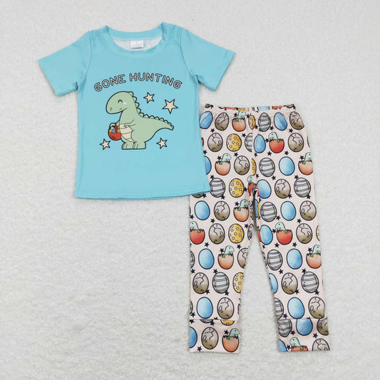 BSPO0202 Alphabet Dinosaur Blue Short Sleeve Star Easter Egg Pants Suit