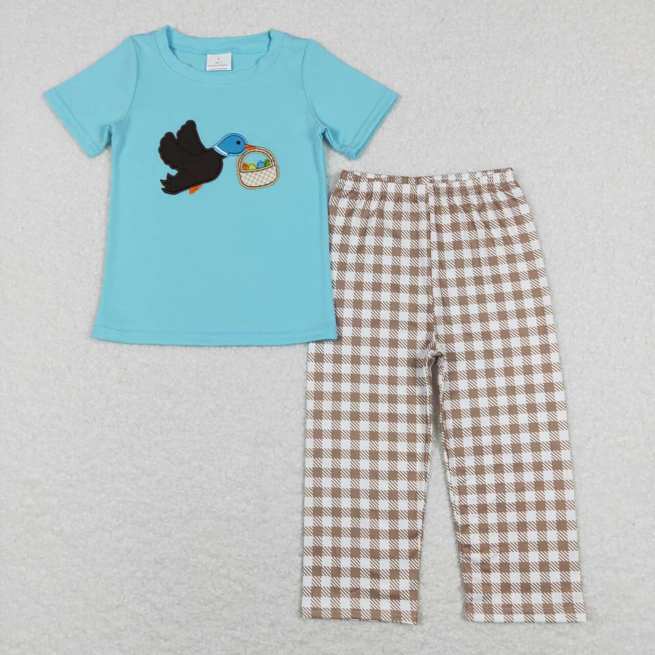 BSPO0216 Embroidery Egg Basket Wild Goose Blue Short Sleeve Khaki Plaid Pants Suit