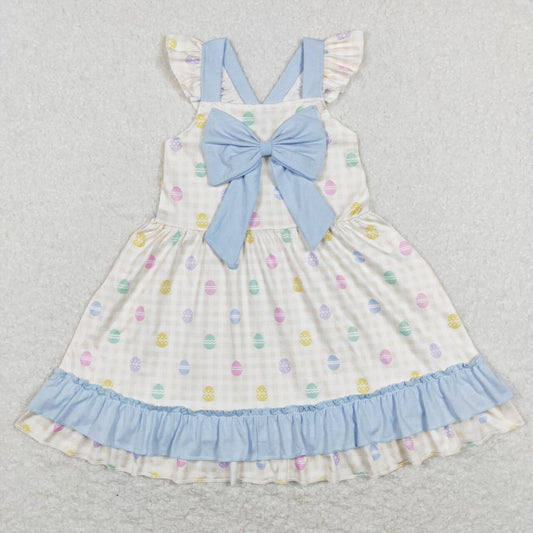 GSD0582 Egg yellow and white plaid blue lace bow flying sleeve dress