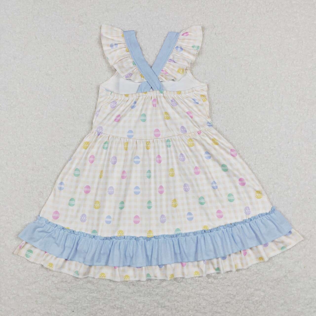 GSD0582 Egg yellow and white plaid blue lace bow flying sleeve dress