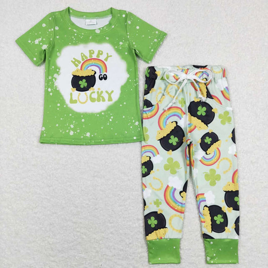 BSPO0219 happy lucky four leaf clover rainbow gold coin green short sleeve trousers suit