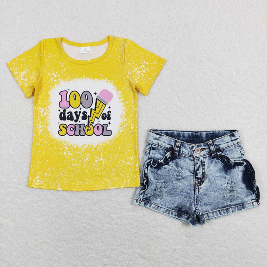 GT0387 100days pencil yellow short-sleeved +SS0011 denim blue ripped shorts suit