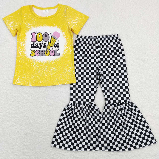 GT0387 100days pencil yellow short-sleeved +P0146 black and white checkered milk silk trousers suit