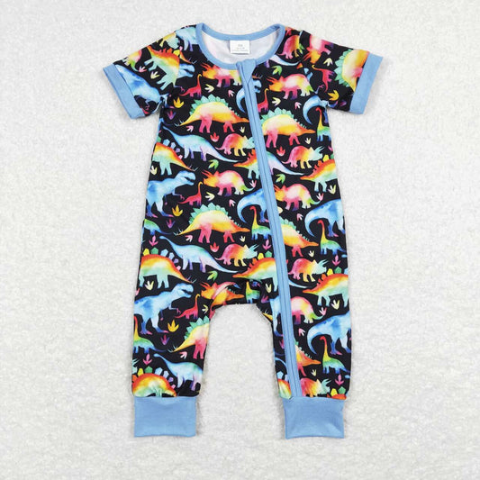 SR0506 Colorful Dinosaur Blue and Black Zip Short Sleeve Jumpsuit