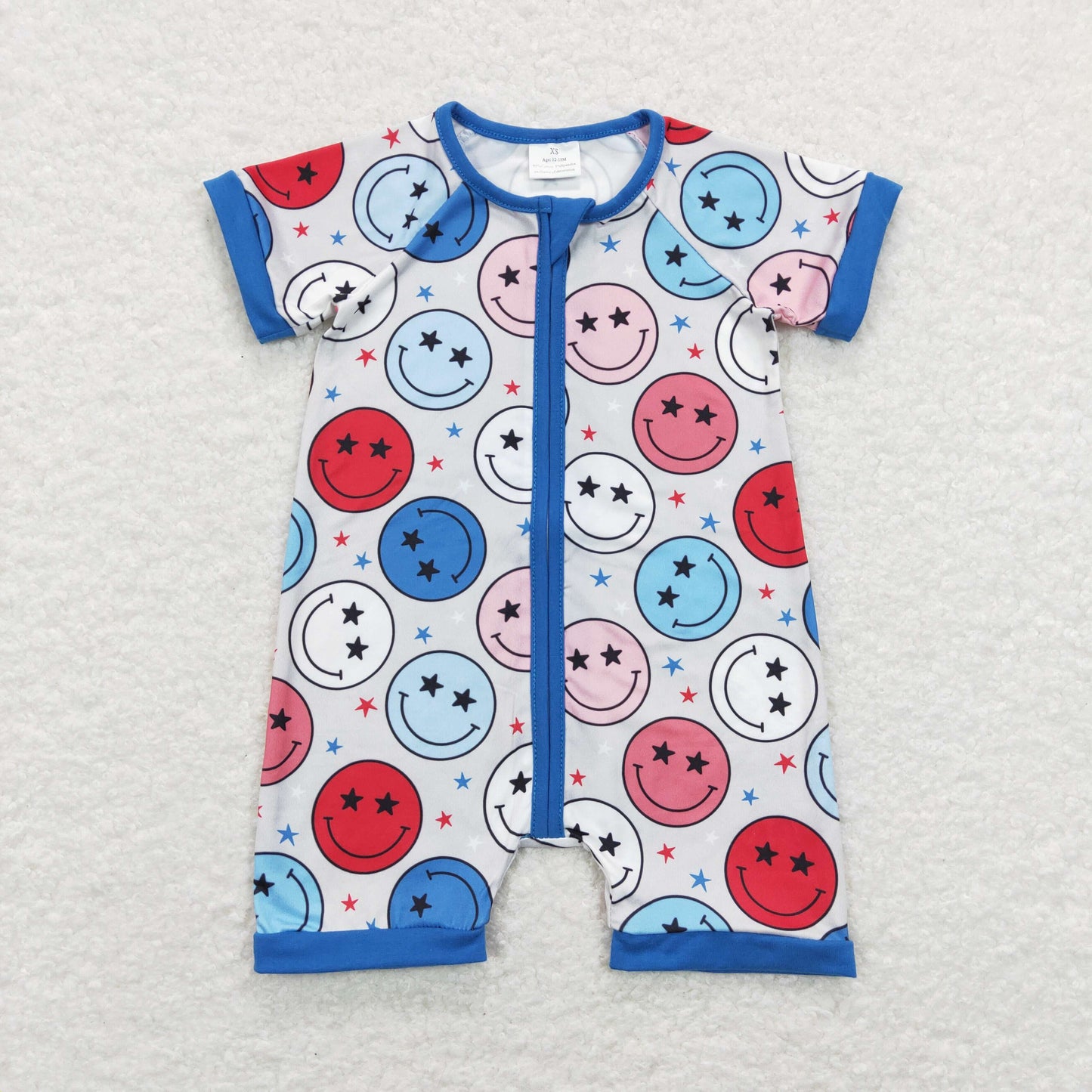 SR0692 Star Smiley Blue Gray Zip Short Sleeve Jumpsuit