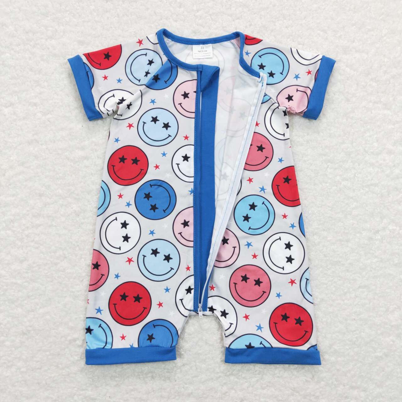 SR0692 Star Smiley Blue Gray Zip Short Sleeve Jumpsuit