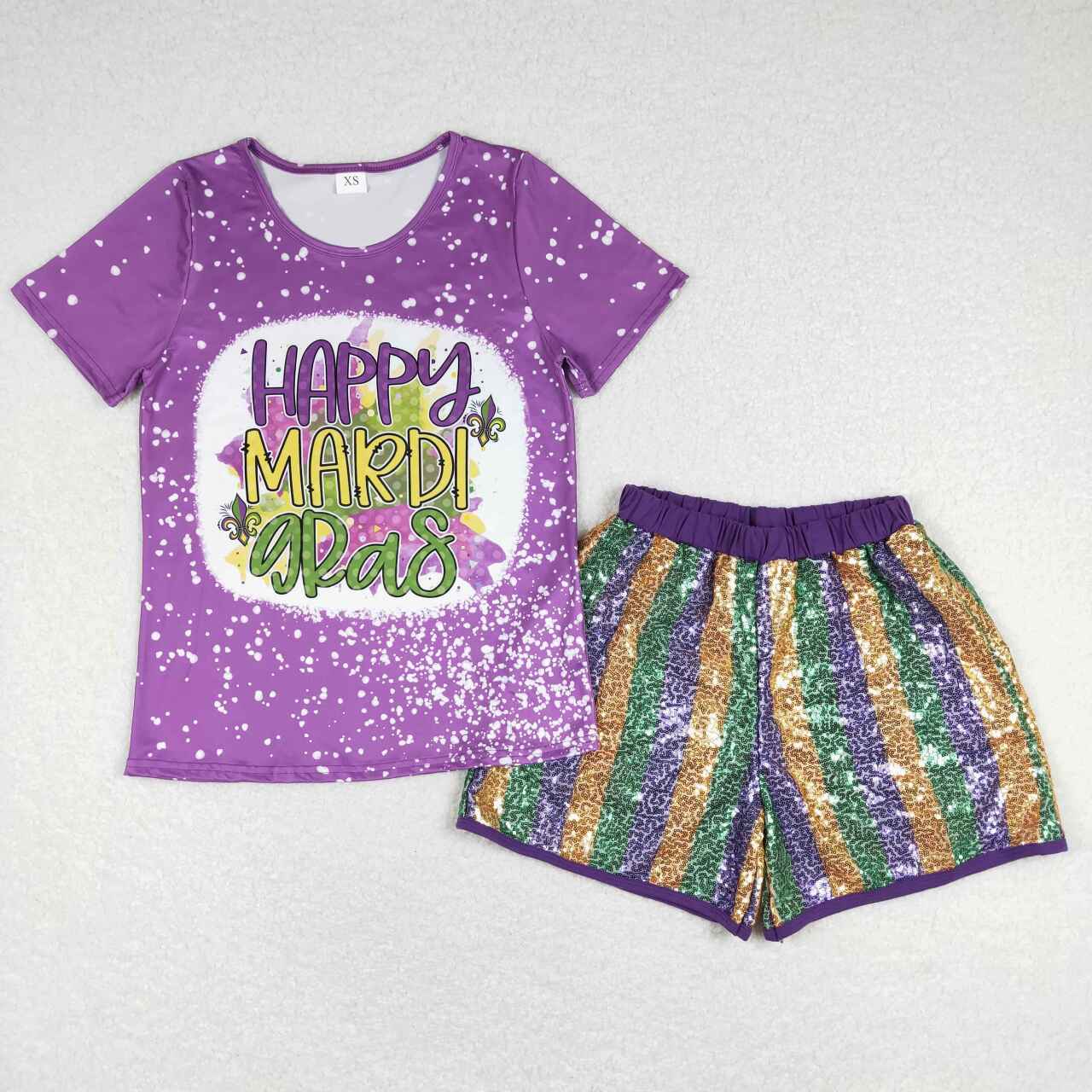 GT0377 Adult happy mardi gras letter purple short sleeve top+SS0119 Adult Purple Green Gold Striped Sequin Shorts