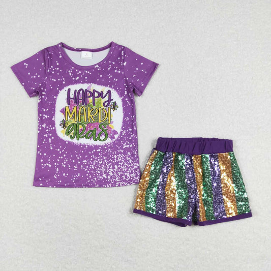 GT0374 happy mardi gras letter purple short sleeve top+ SS0116 Purple green gold striped sequin shorts