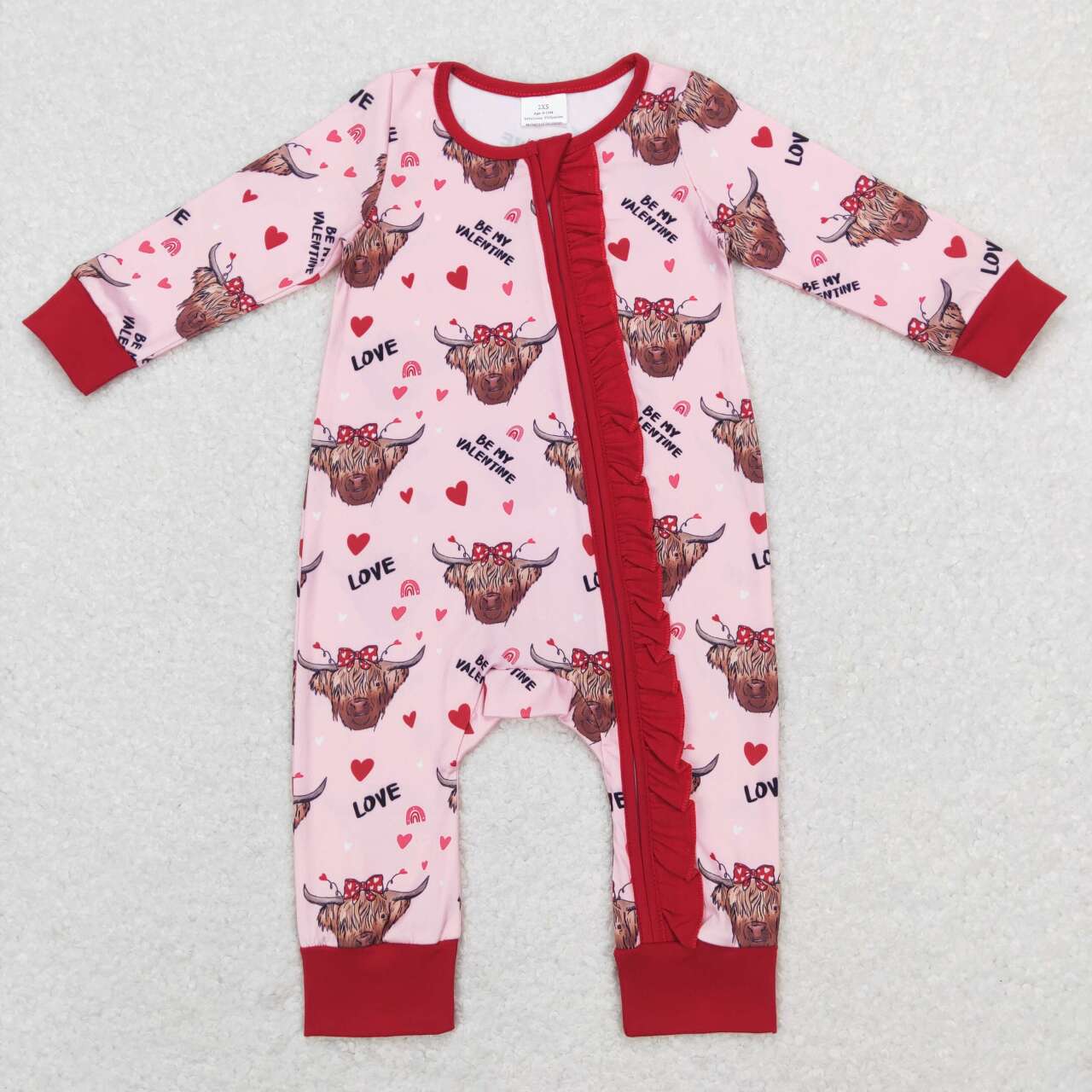 LR0804 be my valentine love cow head pink lace zipper long sleeve jumpsuit