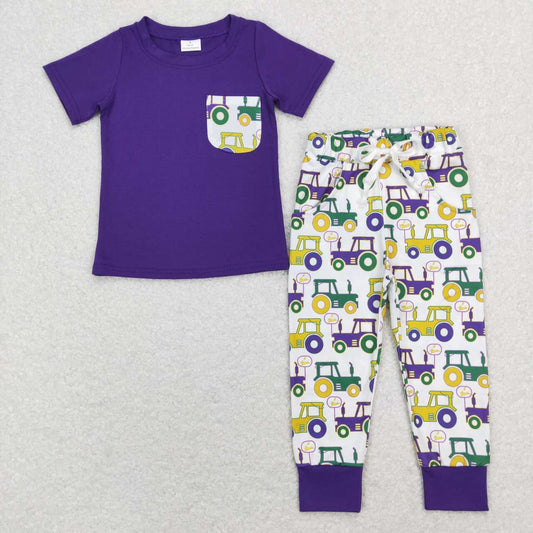 BSPO0278 Purple yellow green tractor pocket short-sleeved trousers suit