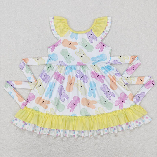 GSD0610 Colorful bunny bow yellow lace flying sleeve dress