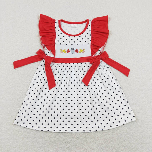 GSD0622 Embroidery corn crayfish red lace bow polka dot white flying sleeve dress