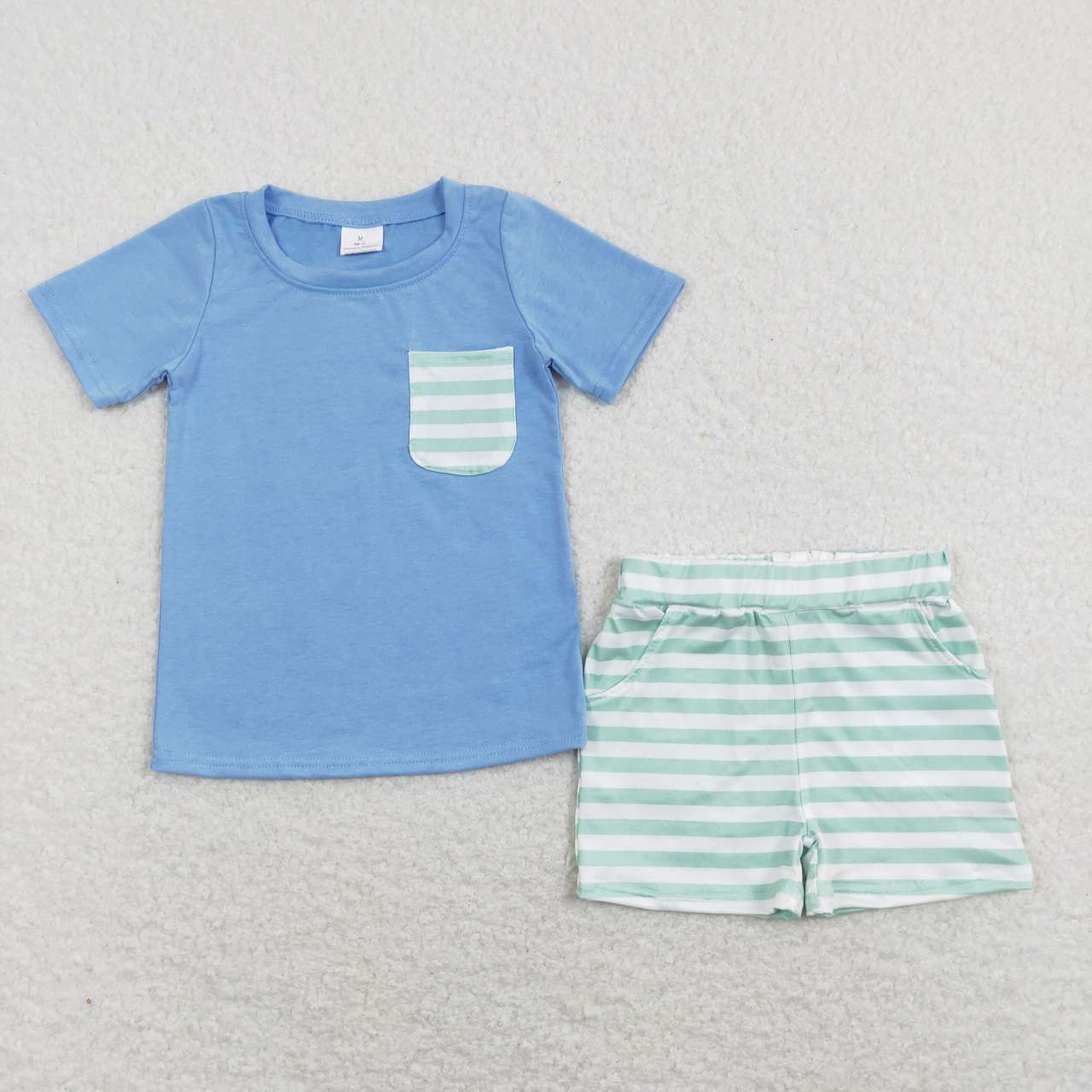 RTS NO MOQ（In Stock) Green and white striped pocket blue short-sleeved shorts suit