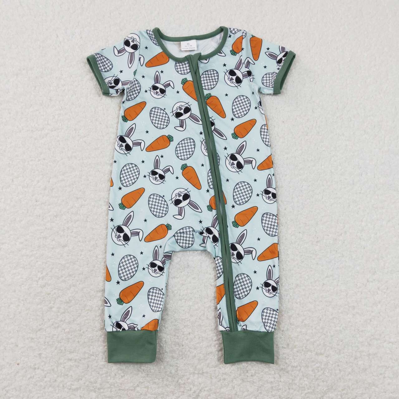 SR1014 Rabbit Easter Egg Carrot Green Zip Short Sleeve Jumpsuit