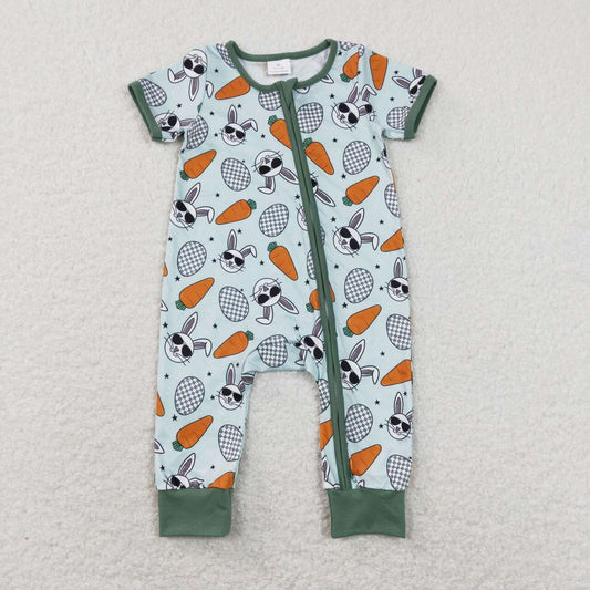 SR1014 Rabbit Easter Egg Carrot Green Zip Short Sleeve Jumpsuit