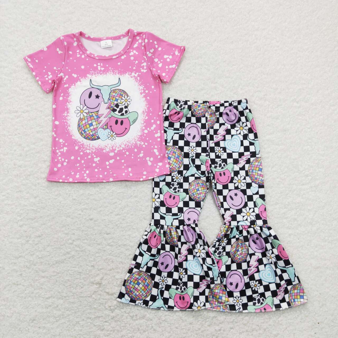 GSPO1290 Light ball smiley face lightning heart flower pink short sleeve black and white plaid trousers suit