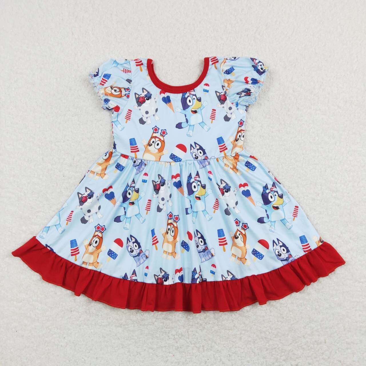 rts 	 GSD0744 bluey popsicle red lace blue short-sleeved dress