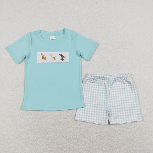 BSSO0414 Embroidery Rabbit Carrot Teal Short Sleeve Plaid Shorts Suit