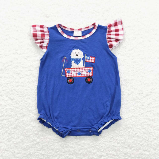 SR0748 Embroidery Stars and Flags Puppy Stroller Red and White Plaid Lace Blue Vest Jumpsuit