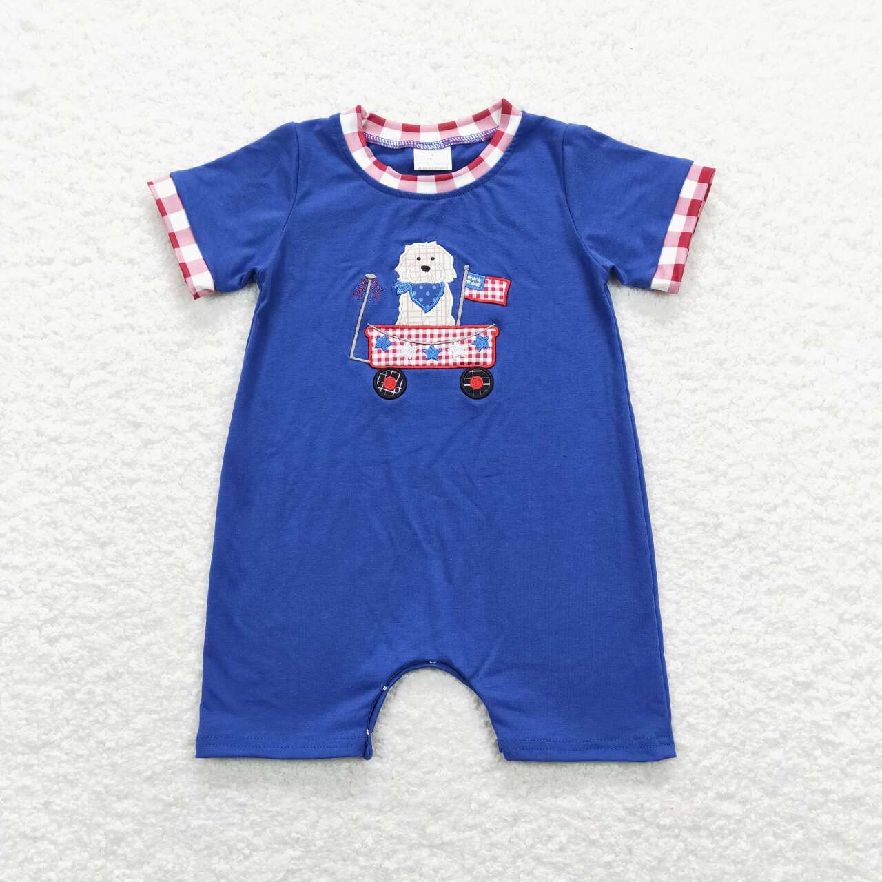 SR0749 Embroidery stars and flags puppy stroller red and white plaid edge blue vest onesie