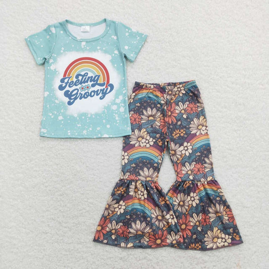 GSPO1270 Rainbow floral blue short-sleeved pants suit