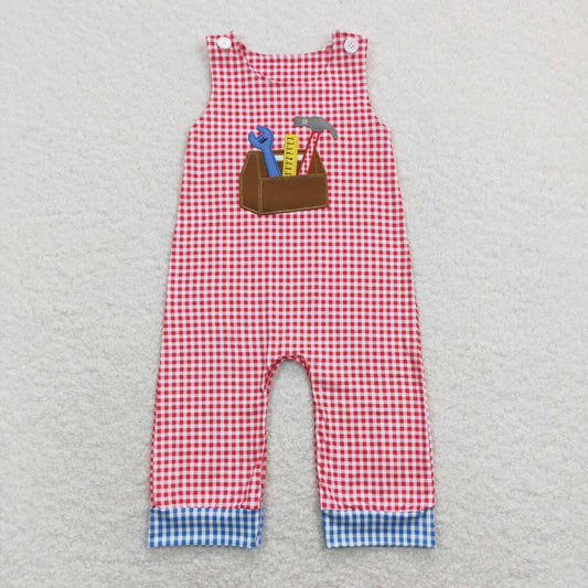 SR0822 Embroidered Hammer Tool Red and White Plaid Sleeveless Jumpsuit