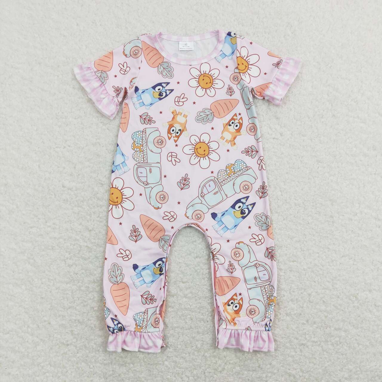 SR0881 Carrot Smiley Flower Truck Plaid Pink Short Sleeve Jumpsuit