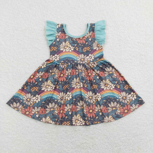 GSD0734 Rainbow flower blue flying sleeve dress