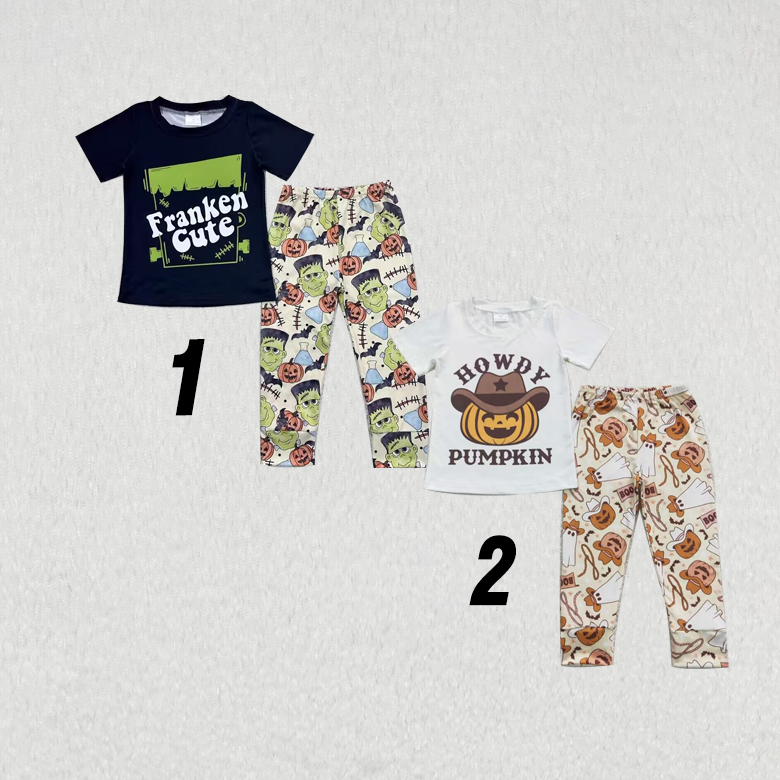 RTS NO MOQ Halloween cartoon characters Halloween Pumpkin Short Sleeve Pants Set