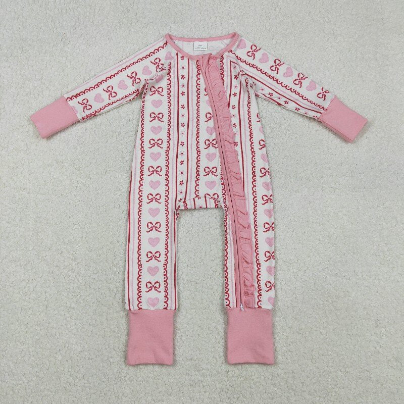 RTS NO MOQ（In Stock ) LR2781 Heart-Bow Pattern Floral Striped Beige Zipper Long-Sleeved Jumpsuit