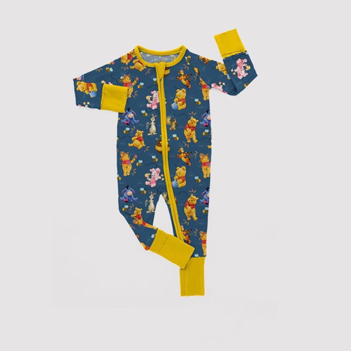 Cartoon Winnie the Pooh Blue and Yellow Zipper Long Sleeve Bodysuit