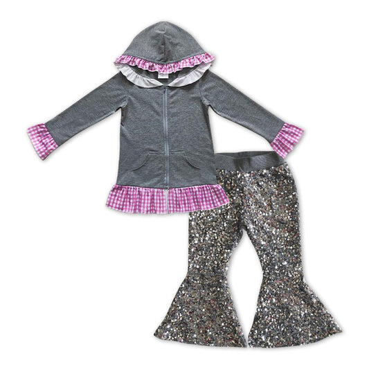 GT0260 Pink plaid lace gray hooded zipper long-sleeved top jacket+C7-14 Dark gray sequined flared pants