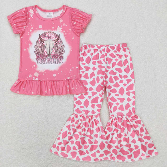 GSPO1052 darlin cactus bull head pink lace short-sleeved leopard print trousers suit